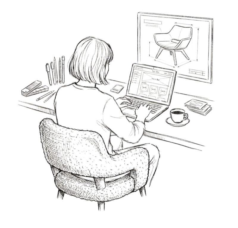 デスクで作業する線画イラスト